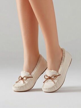 Sonoma Cream Faux-Shearling Moccasin Slippers with Brown bows